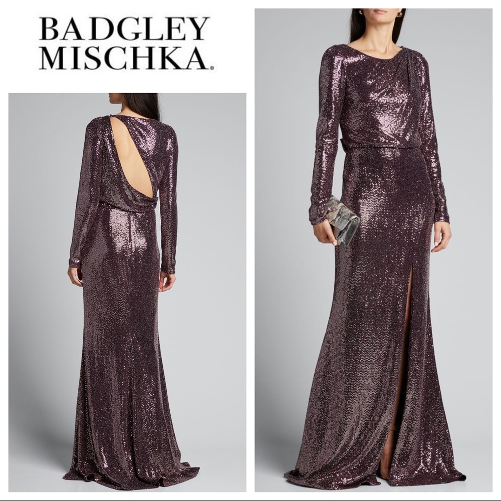 BADGLEY MISCHKA Sequin Asymmetrical Cutout Gown